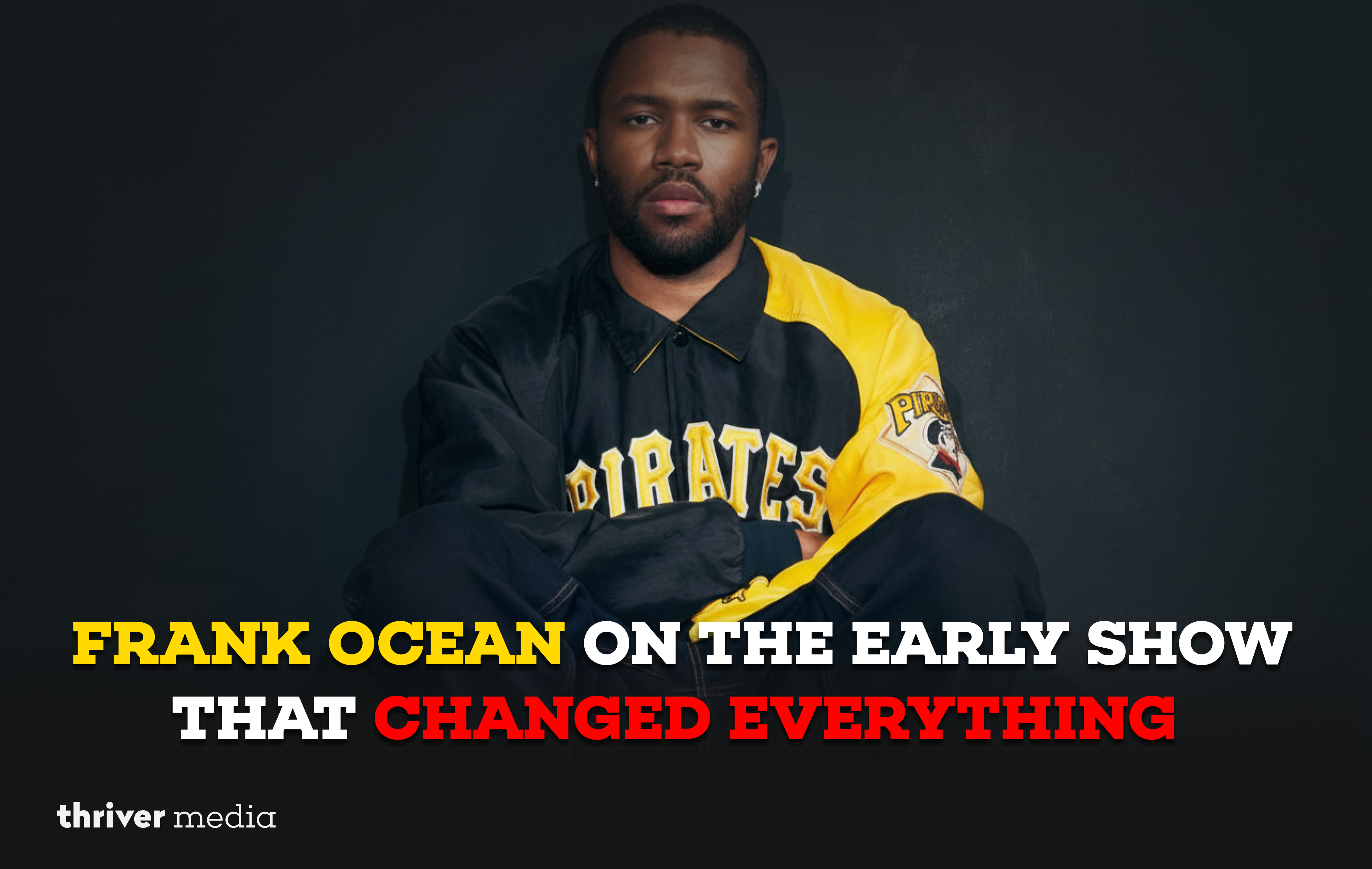 Portrait of a male music artist wearing a black and yellow varsity-style jacket against a dark background, with bold headline text overlay.