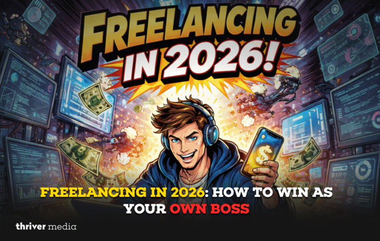 Comic-style illustration of a confident freelancer at a laptop surrounded by flying money, screens, and robots, with bold text reading “Freelancing in 2026!”