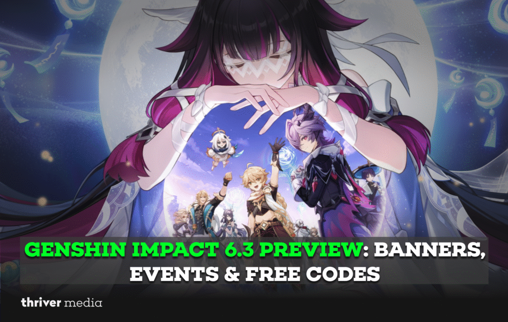 Current image: Genshin Impact 6.3 preview artwork showing new and returning characters with banners, upcoming events, and free livestream codes highlighted.