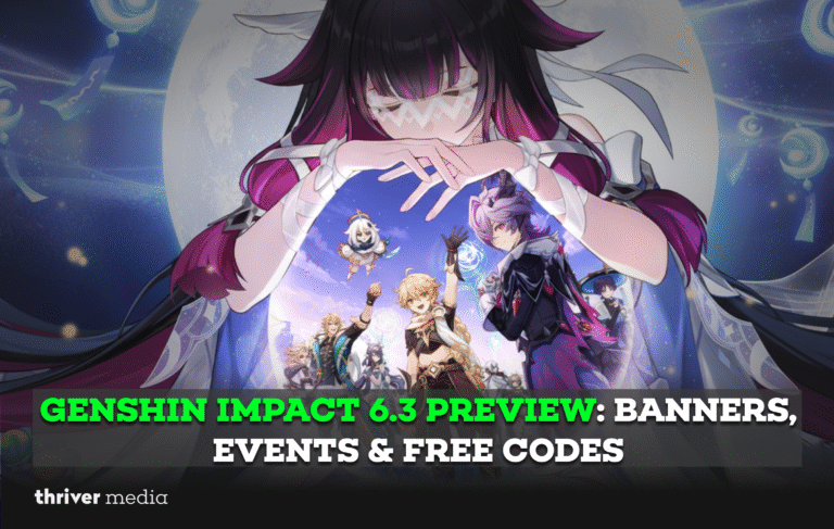 Genshin Impact 6.3 preview artwork showing new and returning characters with banners, upcoming events, and free livestream codes highlighted.