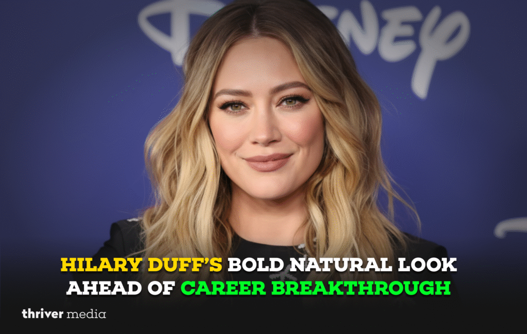 Hilary Duff posing with a makeup-free natural look, wrapped in a towel, ahead of a new career milestone.