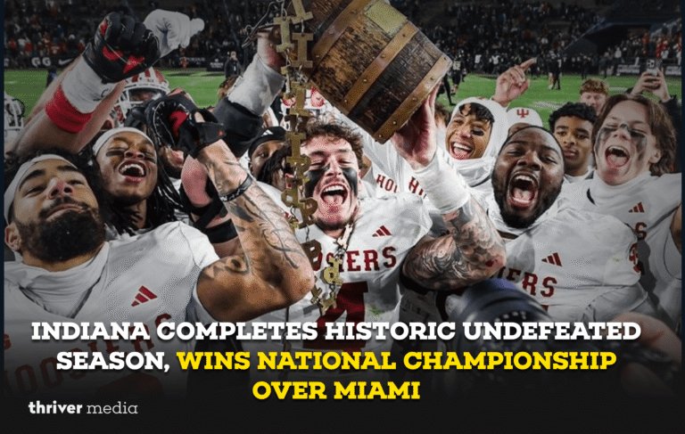 Indiana Hoosiers players celebrate their victory over the Miami Hurricanes after winning the College Football Playoff National Championship.