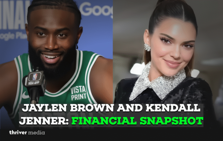Jaylen Brown and Kendall Jenner side-by-side, highlighting a financial snapshot of the rumored couple’s net worth and earnings.