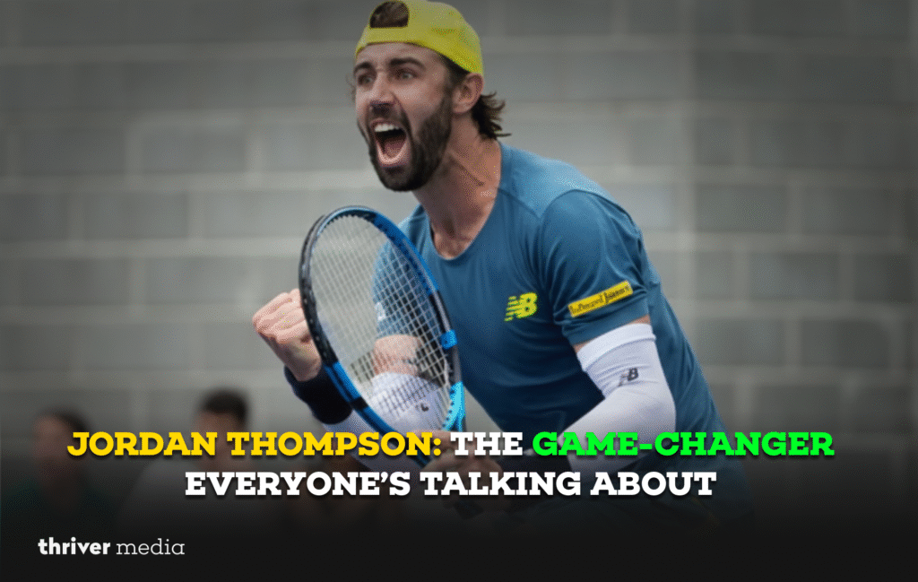 Current image: Tennis player celebrating with racket in hand, promotional banner for blog titled Jordan Thompson The Game-Changer Everyone’s Talking About