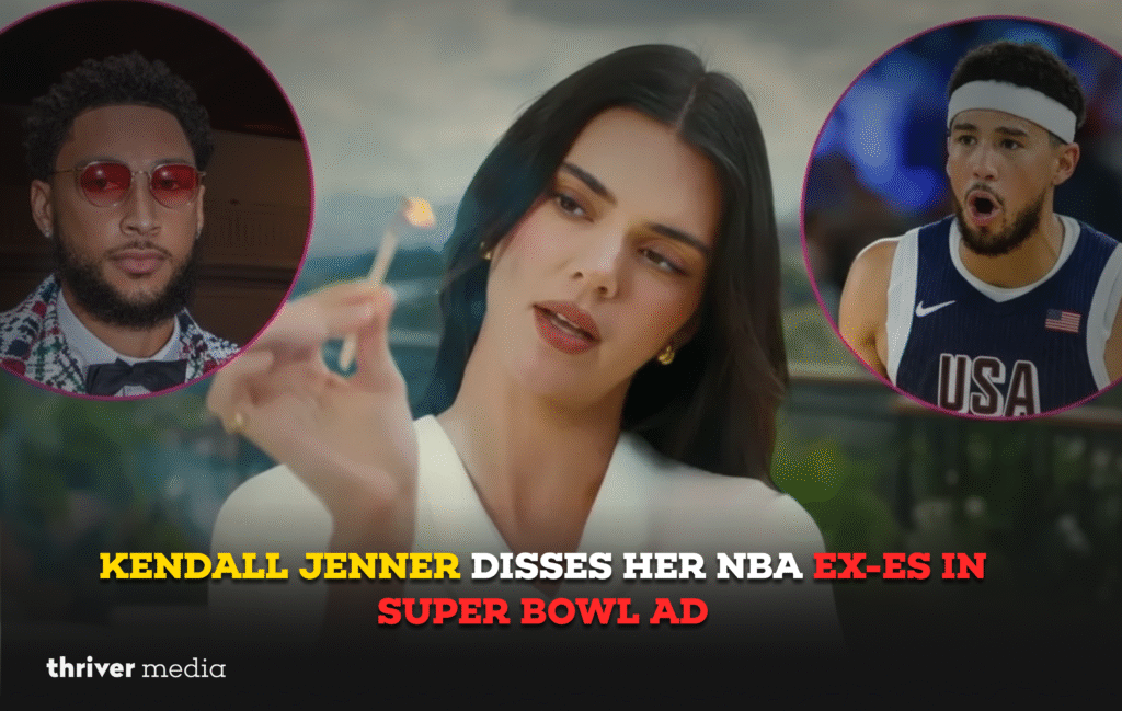 Current image: Stylish woman holding a lit matchstick while two circular portraits of basketball players appear on each side, with bold headline text about dissing NBA exes in a Super Bowl ad.