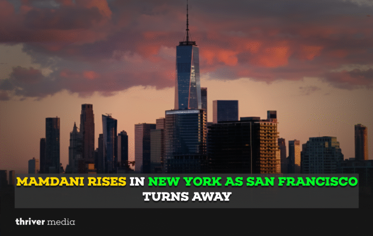 New York City skyline at dusk with One World Trade Center as the headline reads “Mamdani Rises in New York as San Francisco Turns Away,” symbolizing a political shift between major U.S. cities.