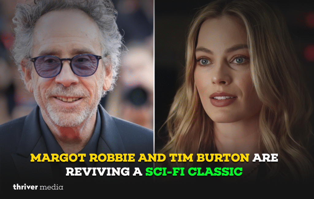 Split-image graphic showing a filmmaker on one side and a glamorous actress on the other, with bold headline text announcing a sci-fi classic revival.