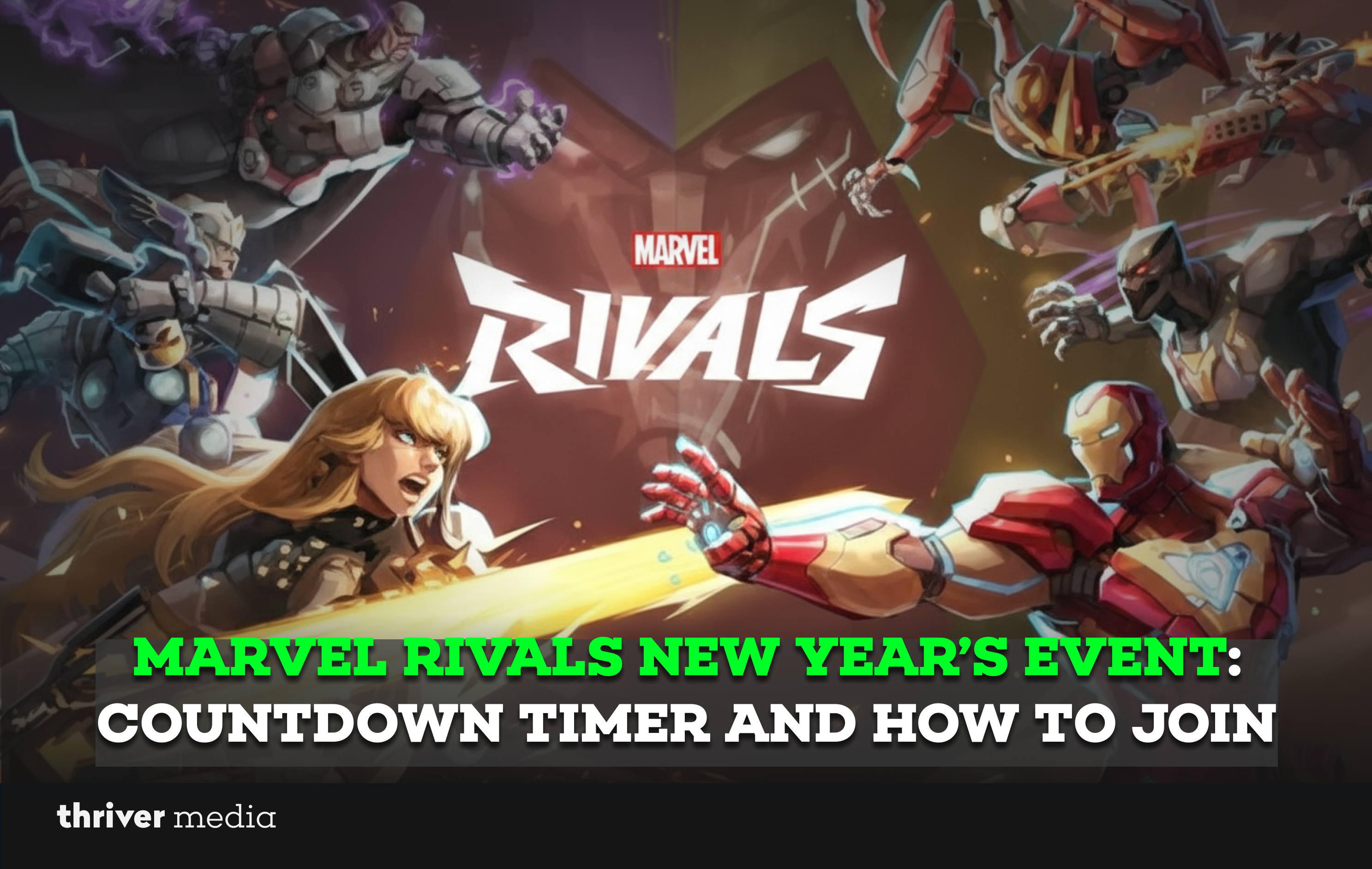 Current image: Marvel Rivals New Year’s Event artwork showing Iron Man and other heroes facing off with a countdown celebration theme