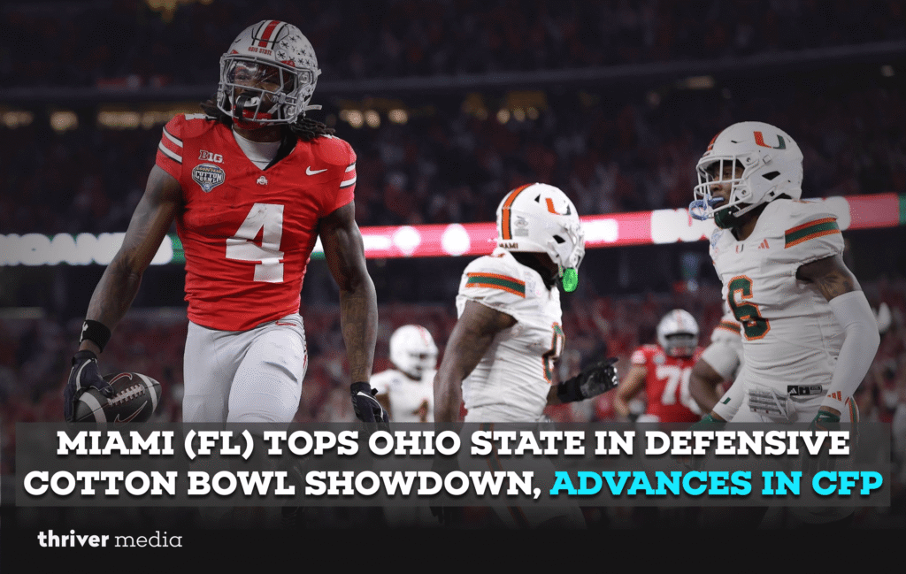 Miami (FL) Tops Ohio State in Defensive Cotton Bowl Showdown, Advances in CFP 1 Miami Hurricanes celebrate after defeating Ohio State 24-14 in the Cotton Bowl College Football Playoff game.