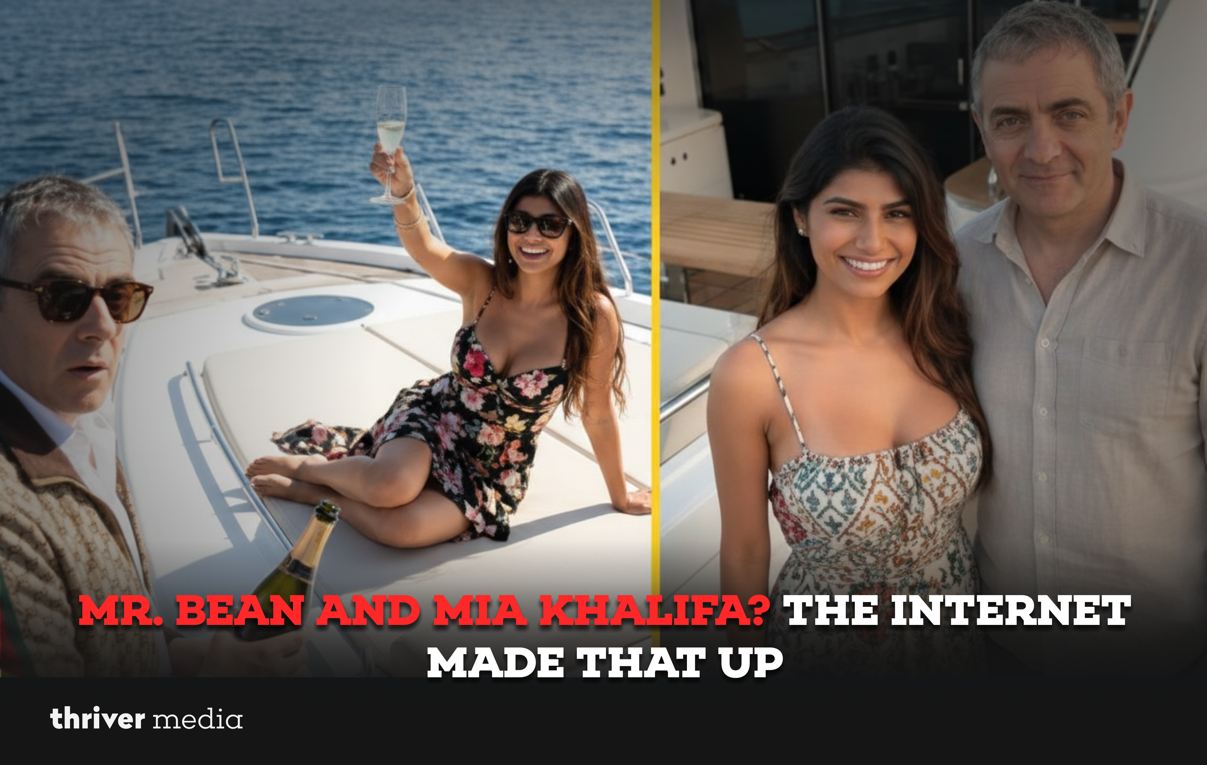 Current image: Mr. Bean and Mia Khalifa fake dating rumor illustration on yacht