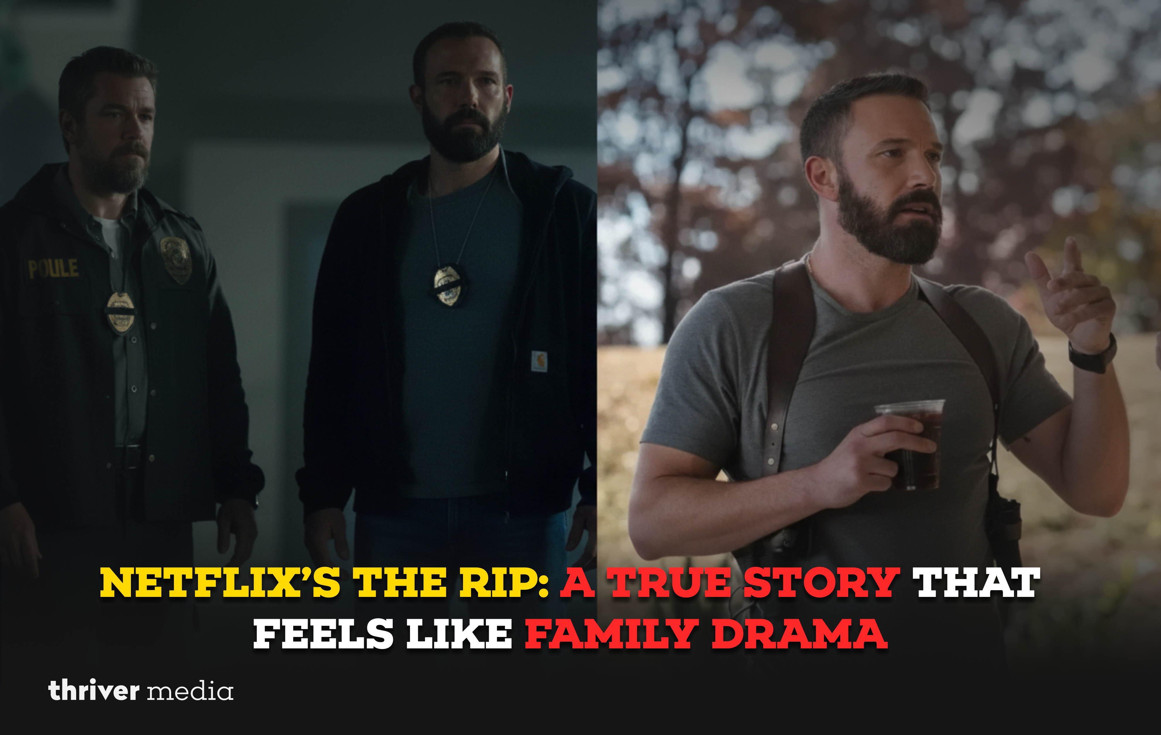 Two detectives stand in a dim hallway while another bearded man holding a drink speaks outdoors, scenes from Netflix’s crime thriller The Rip showing tense character moments.