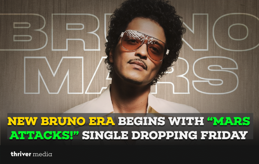 Bruno Mars poses in a stylish portrait as the headline announces a new era beginning with his “Mars Attacks!” single dropping Friday.