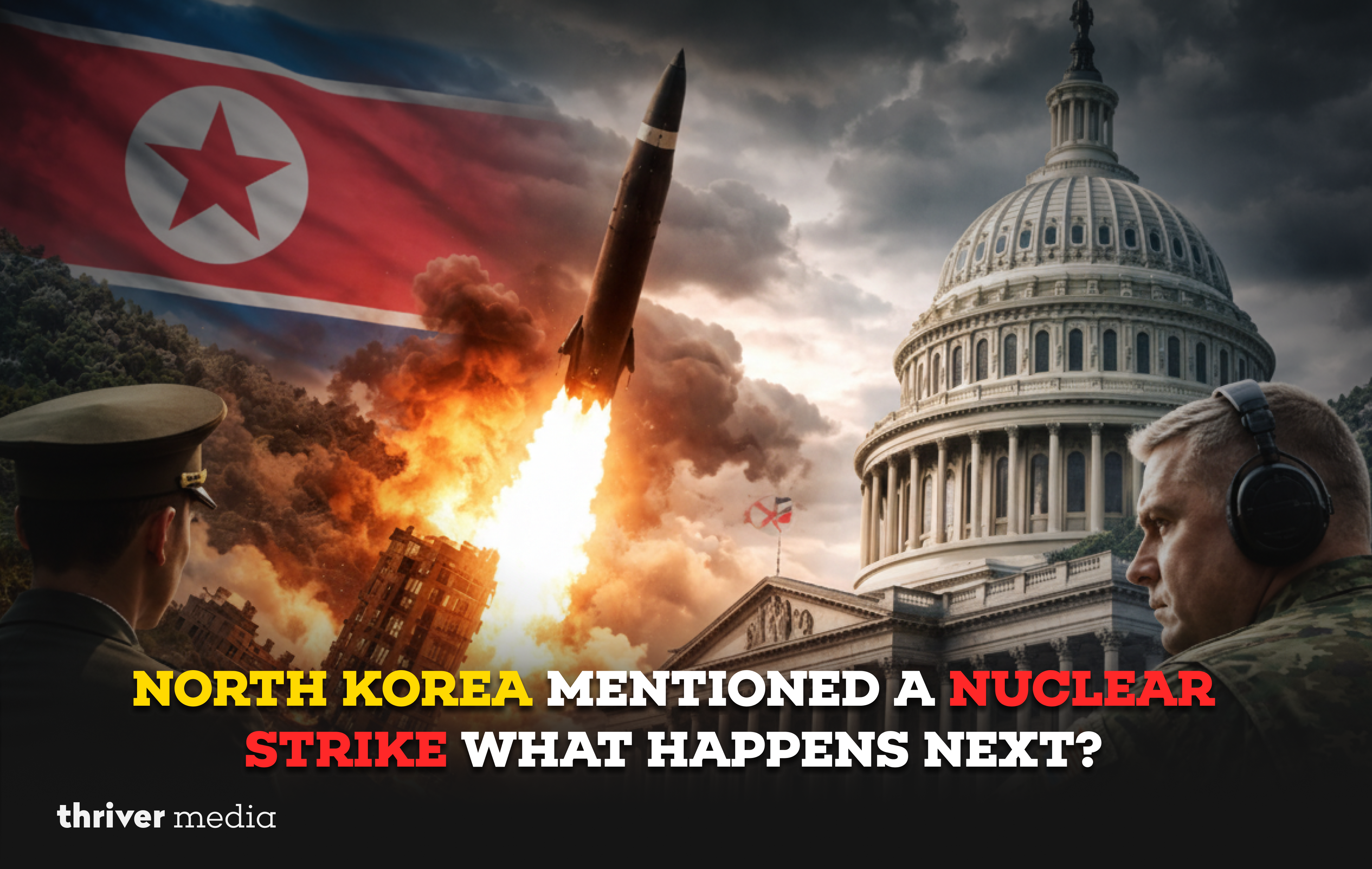 Dramatic illustration of North Korea launching a nuclear missile as the US Capitol stands under dark storm clouds, symbolizing rising geopolitical tension.