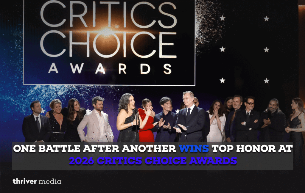 One Battle After Another Takes Top Prize at 2026 Critics Choice 1 Leonardo DiCaprio and Paul Thomas Anderson celebrate One Battle After Another winning Best Picture at the 2026 Critics Choice Awards.