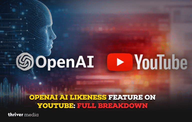OpenAI and YouTube logos with a digital human face graphic representing AI likeness technology in video creation.