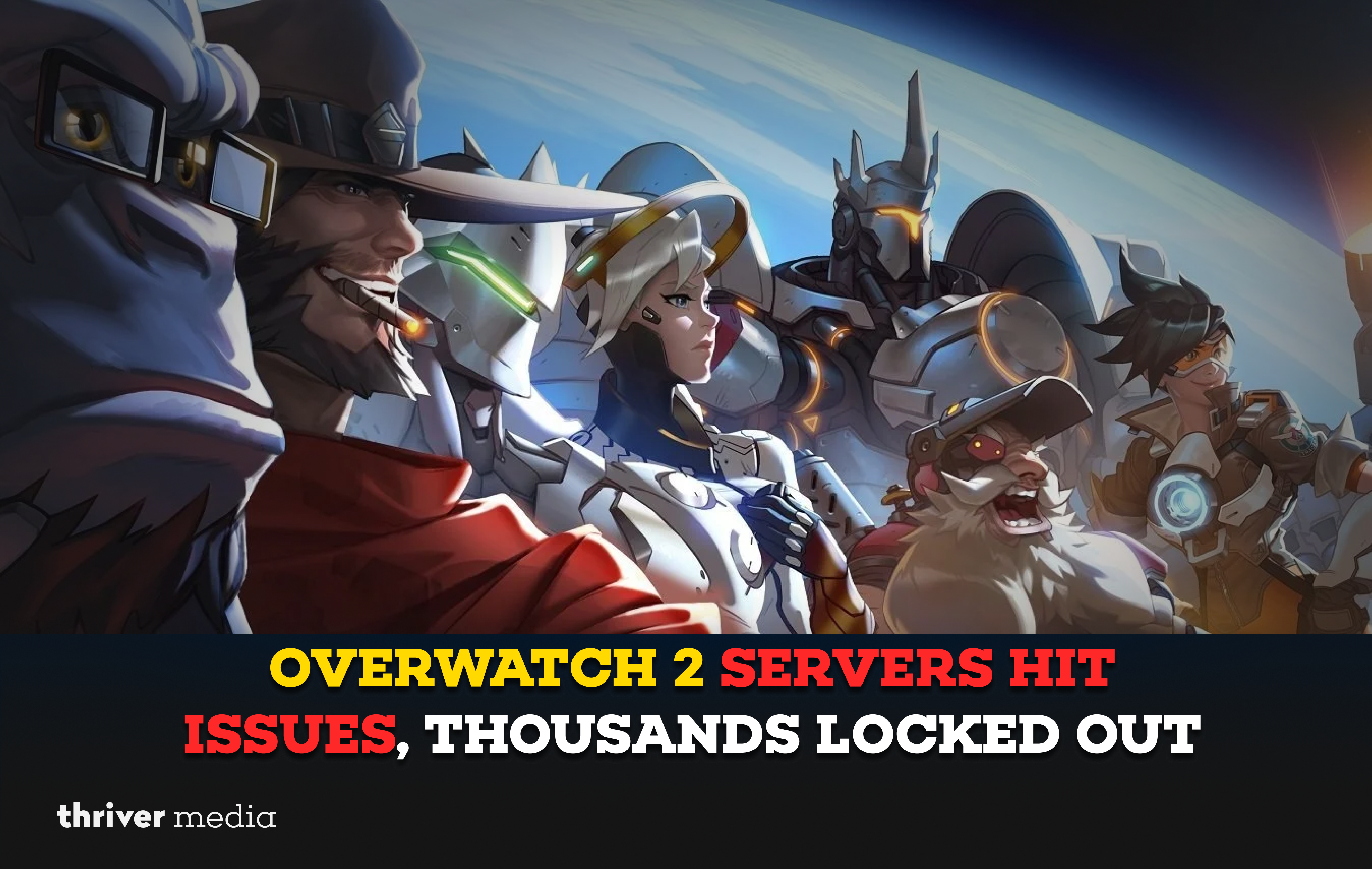 Illustration of Overwatch 2 heroes standing together as servers experience issues, leaving thousands of players locked out due to connection errors.