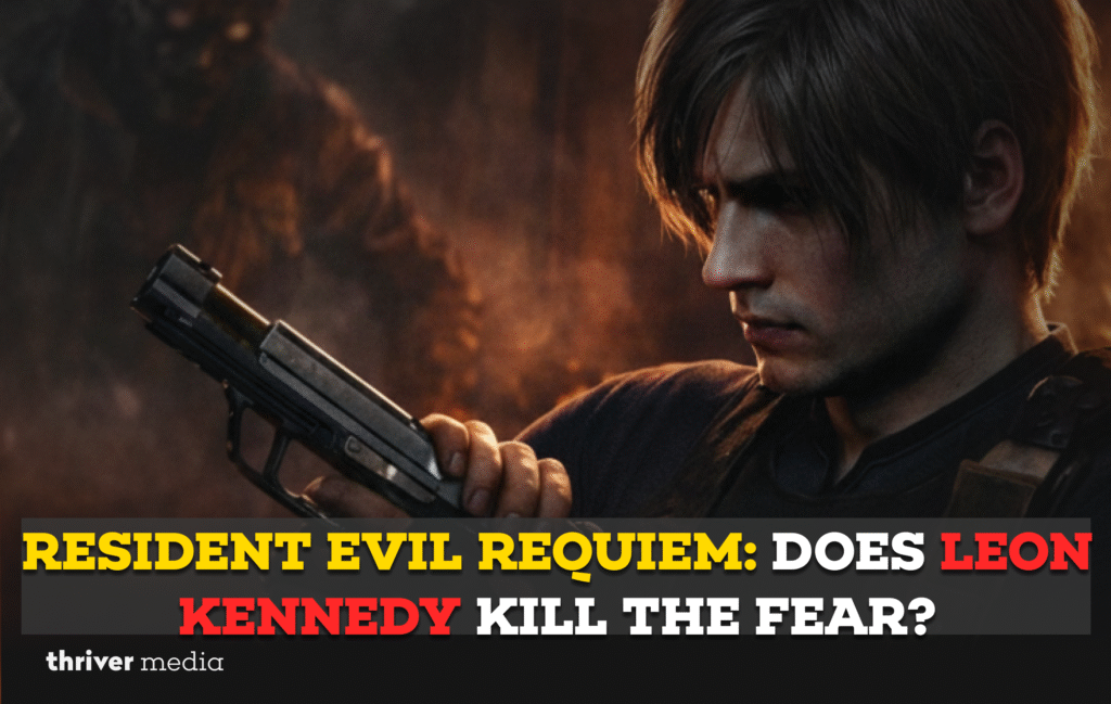 Leon S. Kennedy inspects his handgun amid flames and shadows in Resident Evil Requiem, questioning whether his return weakens the game’s survival horror.