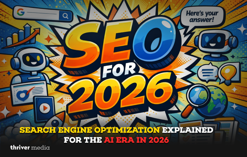 Current image: Comic-style illustration showing “SEO for 2026” with AI robots, search icons, graphs, and digital marketing symbols representing AI-driven search optimization.