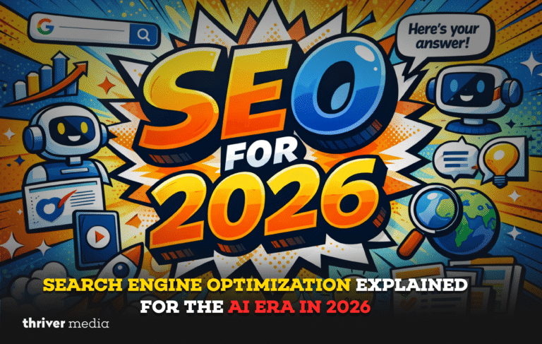 Comic-style illustration showing “SEO for 2026” with AI robots, search icons, graphs, and digital marketing symbols representing AI-driven search optimization.