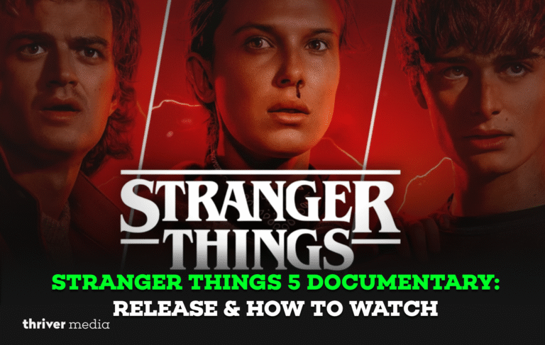 Promotional graphic for Stranger Things 5 documentary featuring three intense character portraits on a red background with the headline “Stranger Things 5 Documentary: Release & How to Watch”.