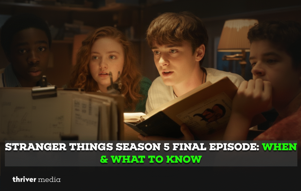 Group of young characters from Stranger Things studying a book together under warm light, symbolizing the final mystery ahead of Season 5’s last episode.