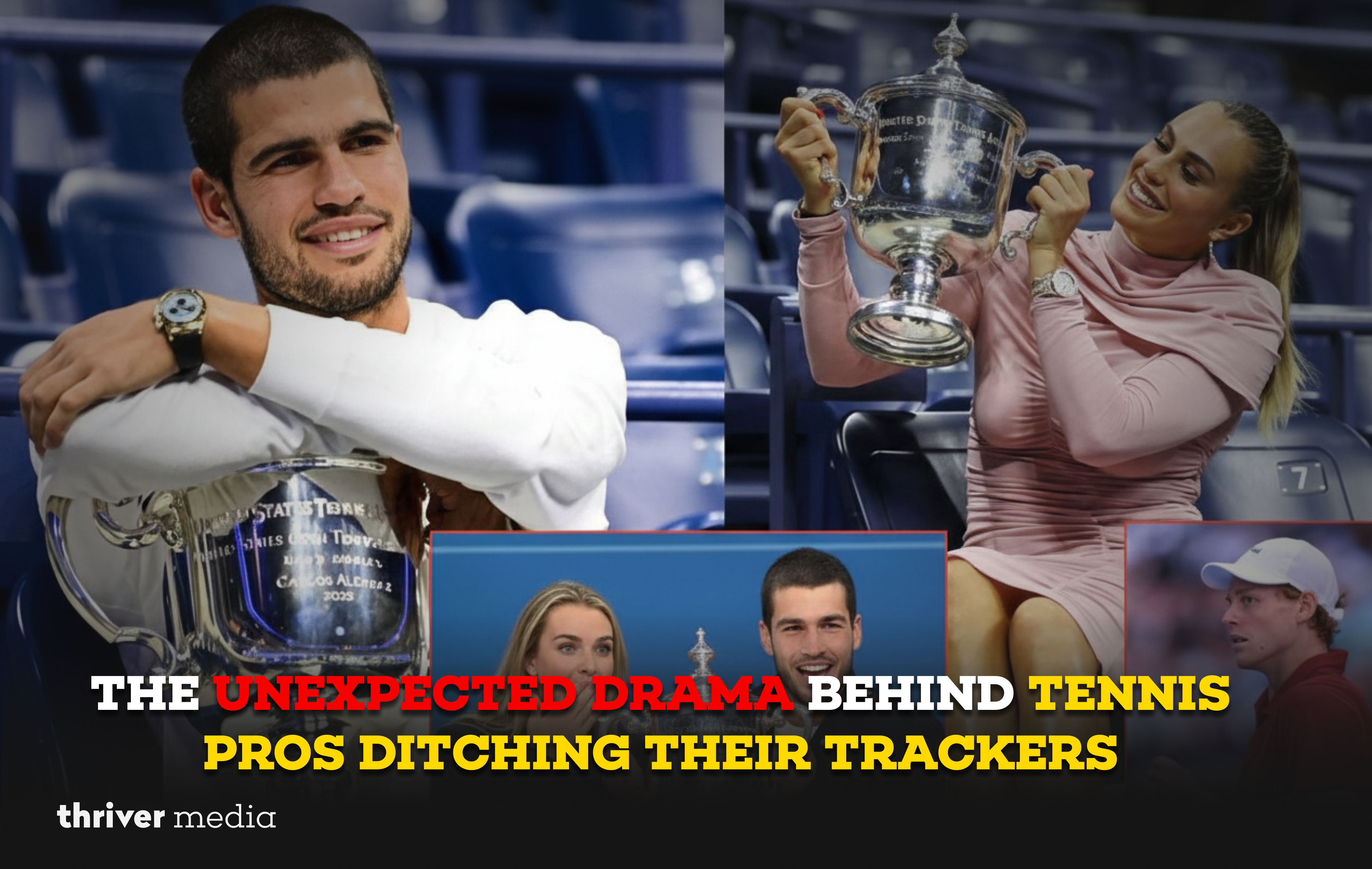 Current image: Alcaraz, Sinner, and Sabalenka on court without fitness trackers, showing intense focus and athletic performance.