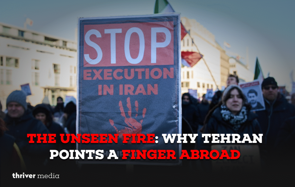 Current image: View of Tehran city with protest imagery symbolizing political tension and competing narratives.