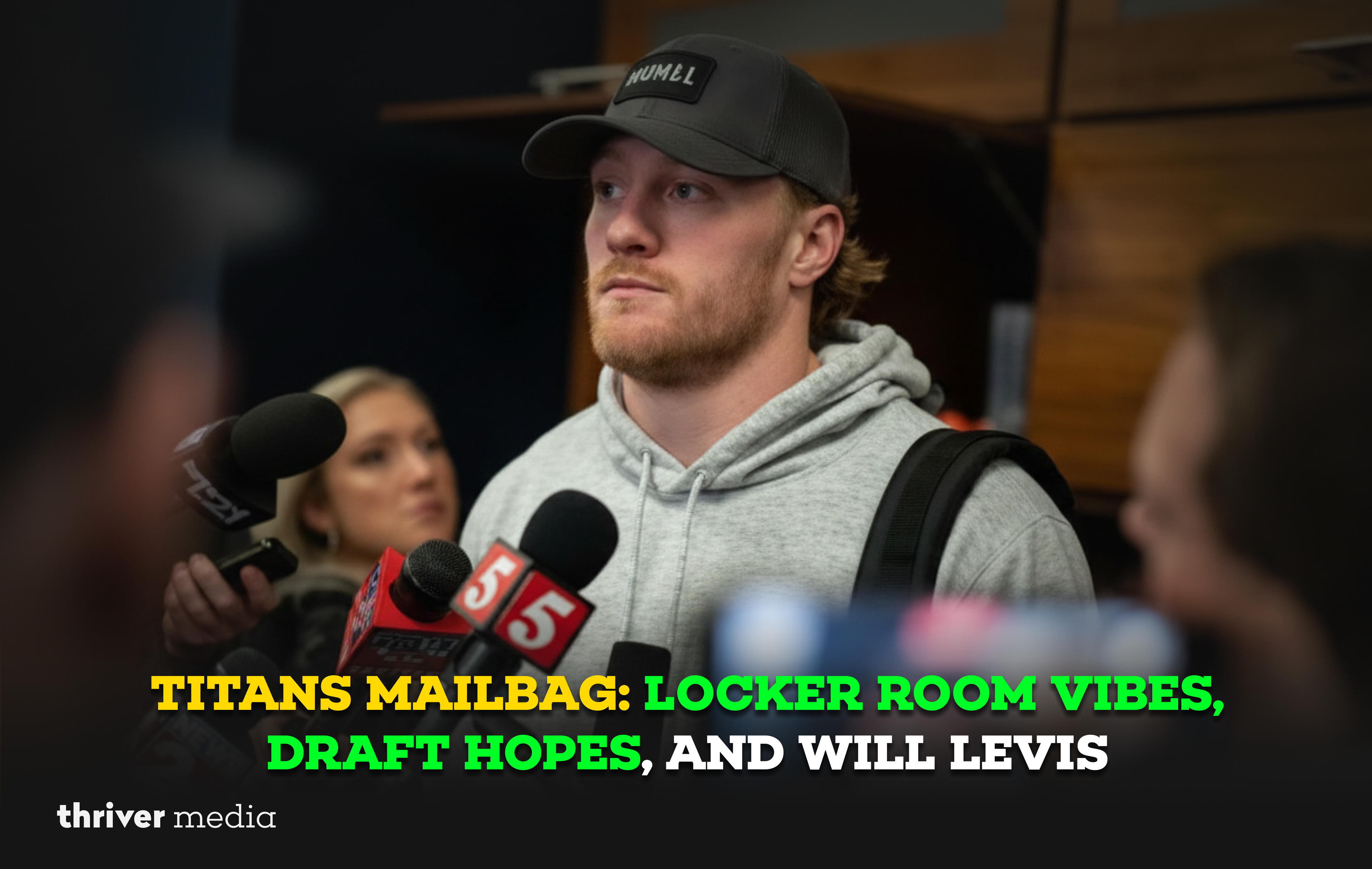 Football player speaking to reporters during a locker room media interview, Titans Mailbag feature image.