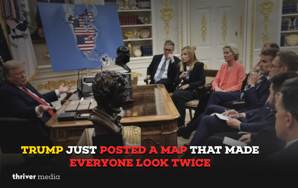 Current image: Meeting scene with officials seated around a desk and a map of North America filled with U.S. flag design on display