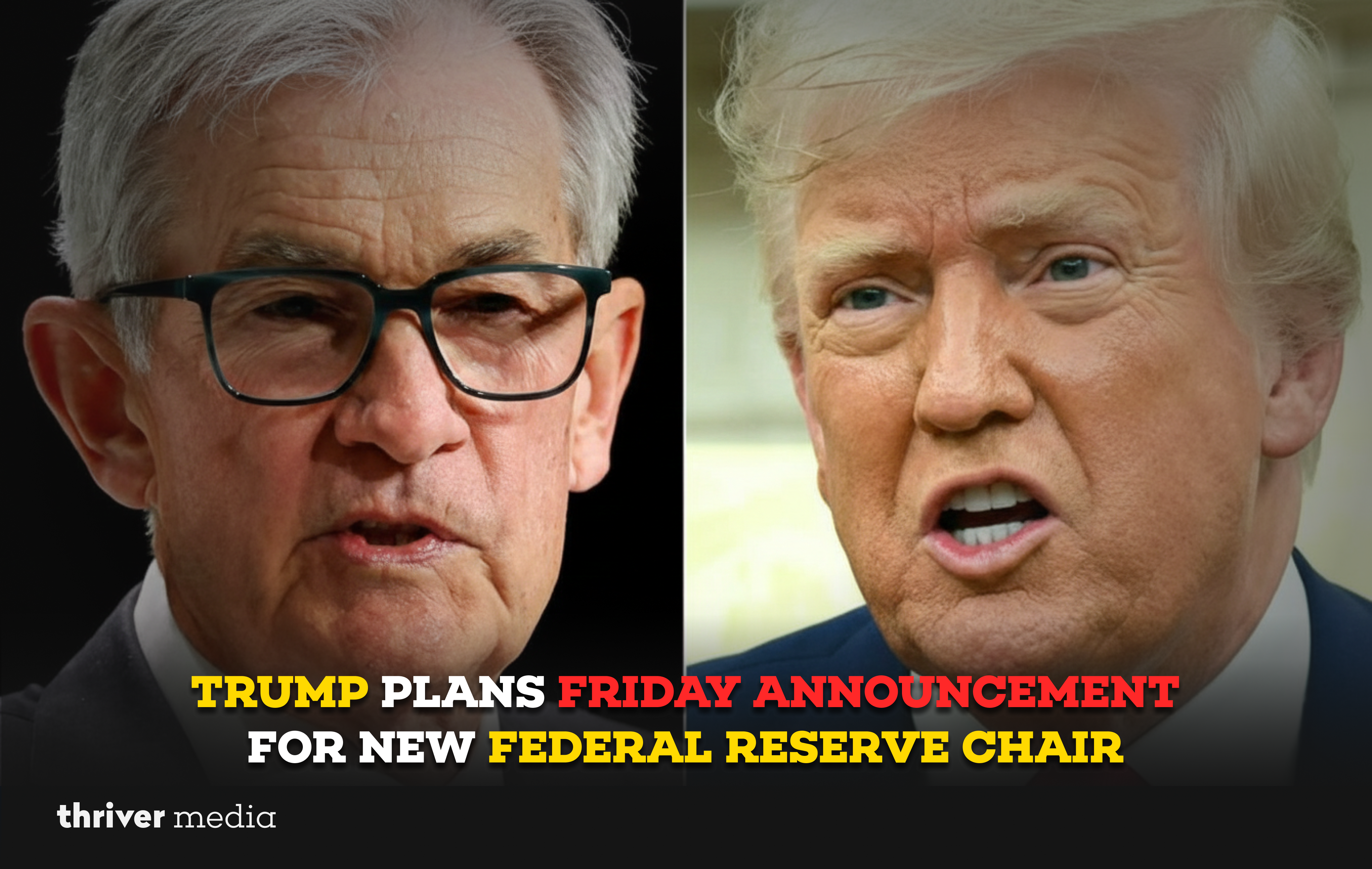 Current image: Donald Trump speaking as reports emerge of a Friday announcement for a new Federal Reserve chair replacement.