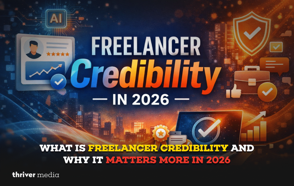Freelancer credibility in 2026 illustrated with trust, AI validation, verified profiles, ratings, and professional growth icons