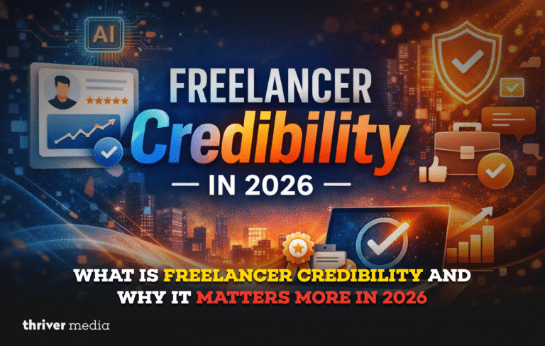 Freelancer credibility in 2026 illustrated with trust, AI validation, verified profiles, ratings, and professional growth icons