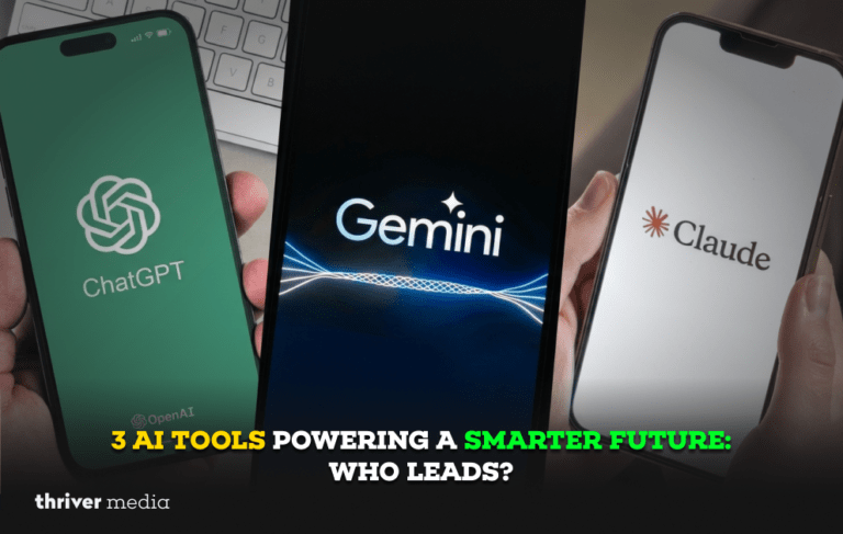 Three smartphones displaying ChatGPT, Gemini, and Claude apps with the headline “3 AI Tools Powering a Smarter Future: Who Leads?”