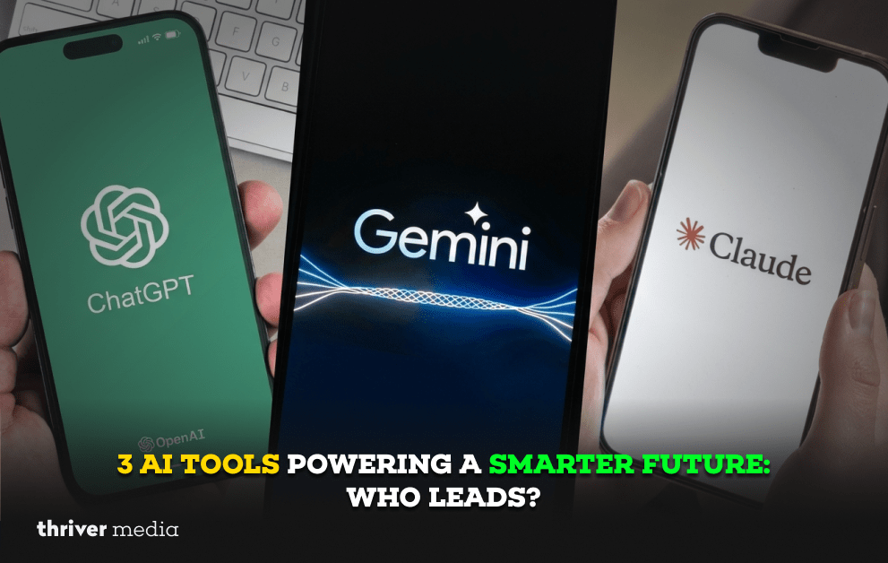 Three smartphones displaying ChatGPT, Gemini, and Claude apps with the headline “3 AI Tools Powering a Smarter Future: Who Leads?”