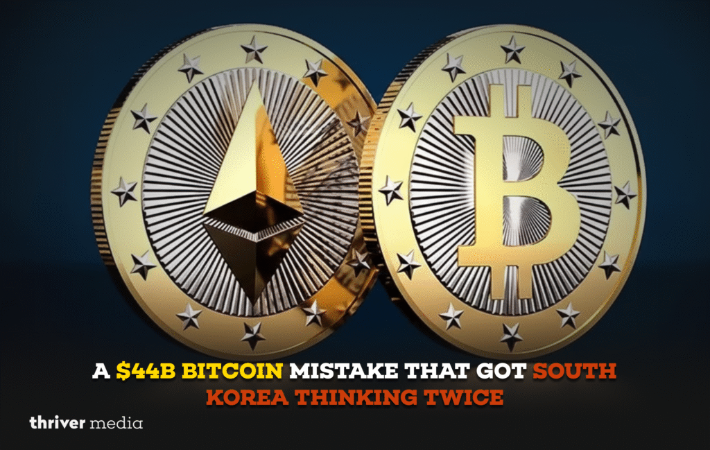 Bitcoin and Ethereum coins side by side illustrating a $44B crypto mistake that triggered regulatory action in South Korea.