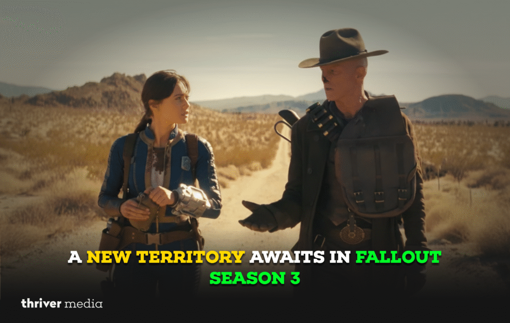 A New Territory Awaits in Fallout Season 3 5 Lucy MacLean and a wasteland gunslinger walk through a desert landscape in Fallout, teasing the new territory of Season 3.