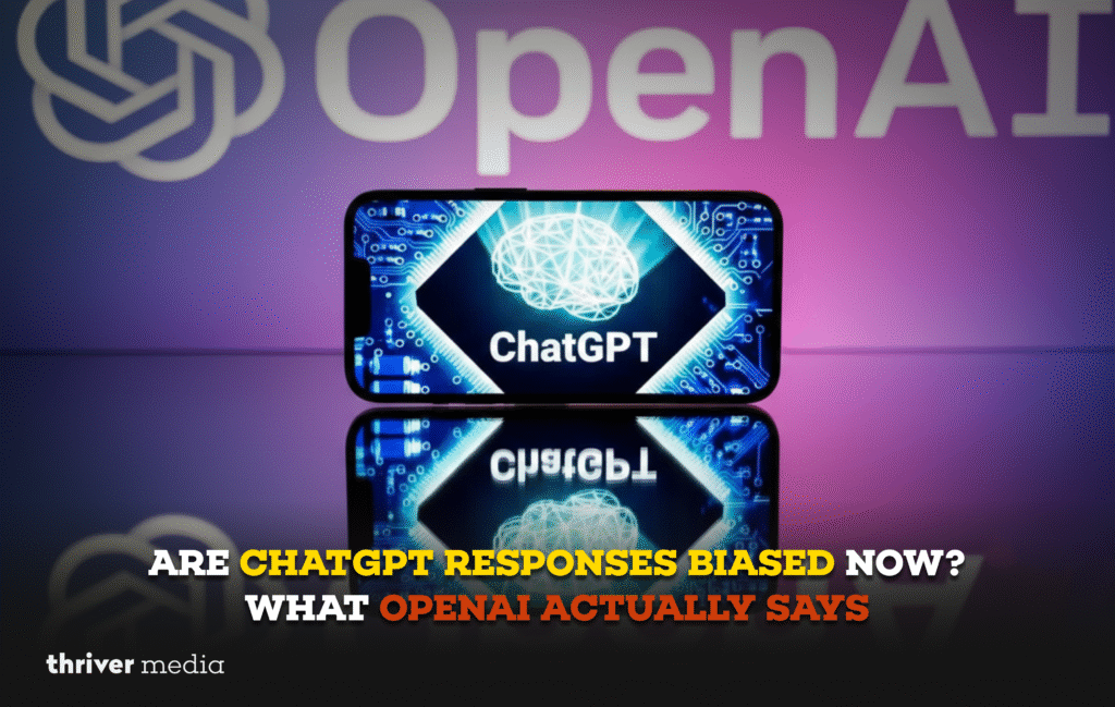 Are ChatGPT Responses Biased Now? What OpenAI Actually Says 3 Smartphone displaying ChatGPT with OpenAI branding and headline “Are ChatGPT Responses Biased Now? What OpenAI Actually Says” on a tech-themed background.