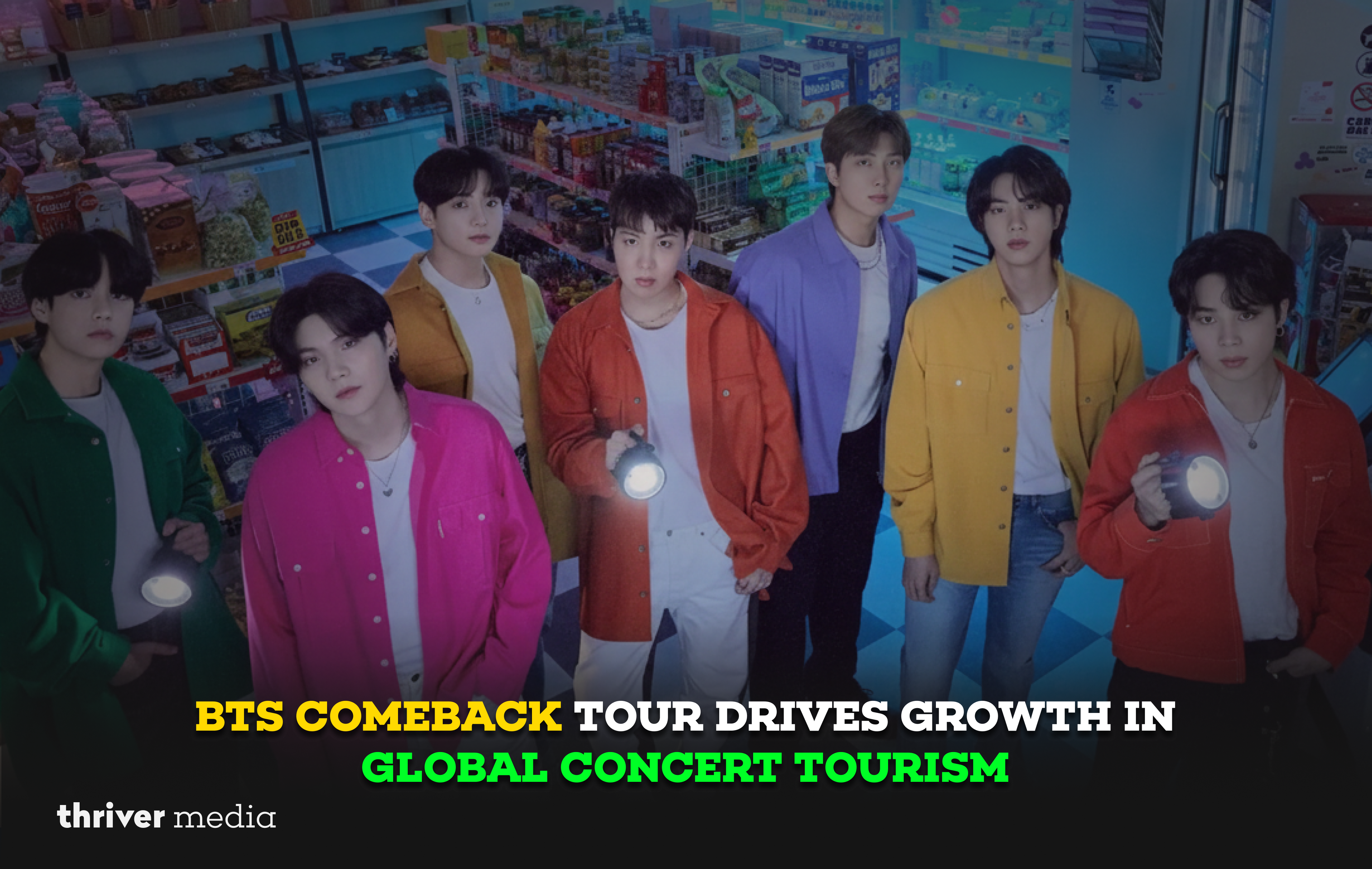 Members of the K-pop group BTS stand inside a brightly lit convenience store, wearing colorful outfits and holding flashlights.