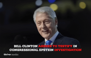Former President Bill Clinton and Hillary Clinton walking together, agreeing to testify in Congress about Jeffrey Epstein investigation.