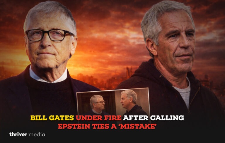 Composite news-style image of Bill Gates and Jeffrey Epstein against a dramatic sunset background with headline text about controversy over Epstein ties.