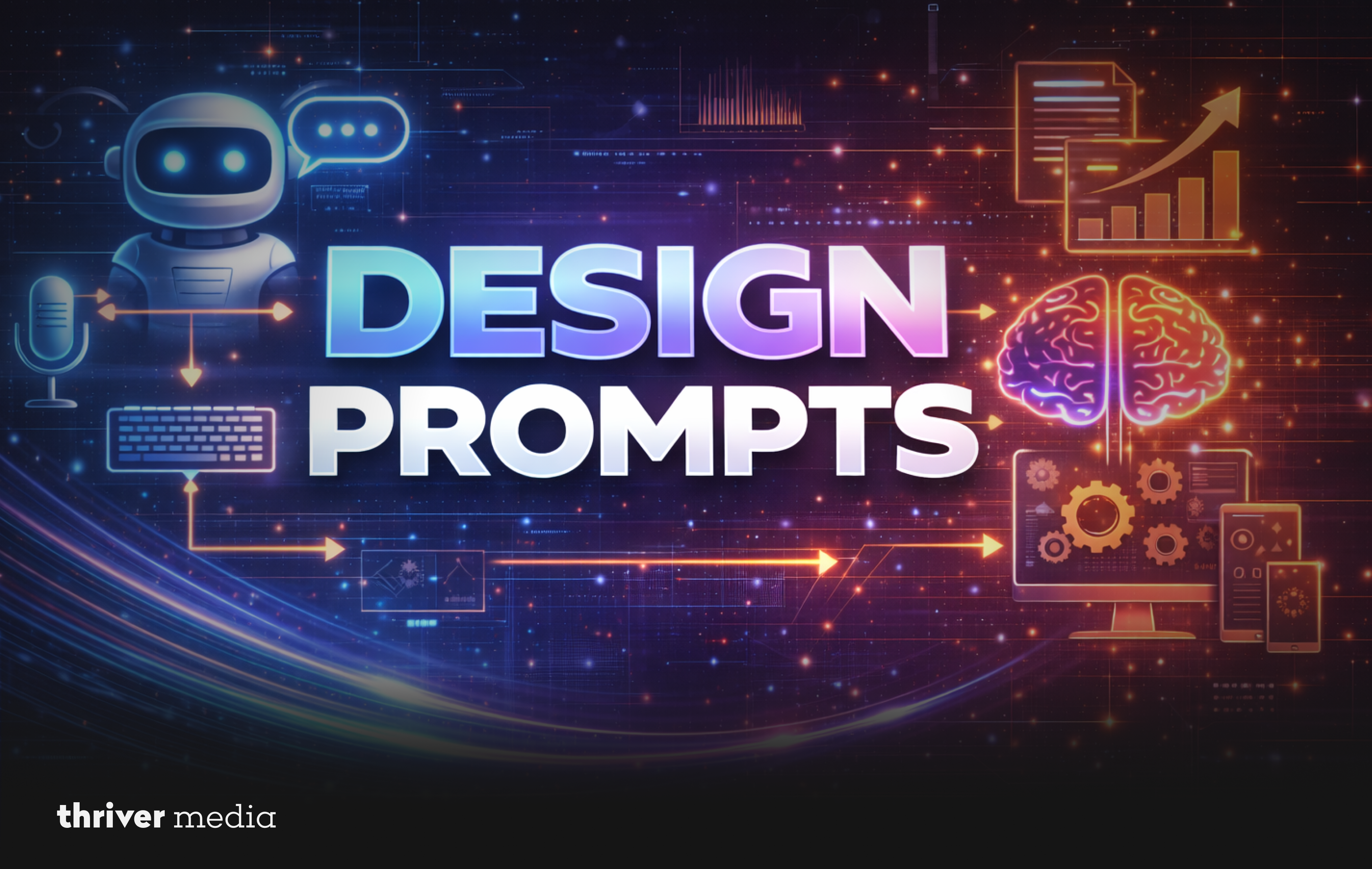 Futuristic “Design Prompts” graphic with AI chatbot, microphone, keyboard, brain icon, and analytics dashboard representing prompt engineering for LLM apps.
