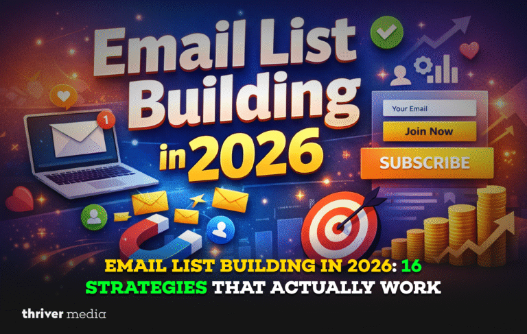 Email List Building in 2026 graphic with subscribe form, magnet, envelopes, target, and growth chart visuals