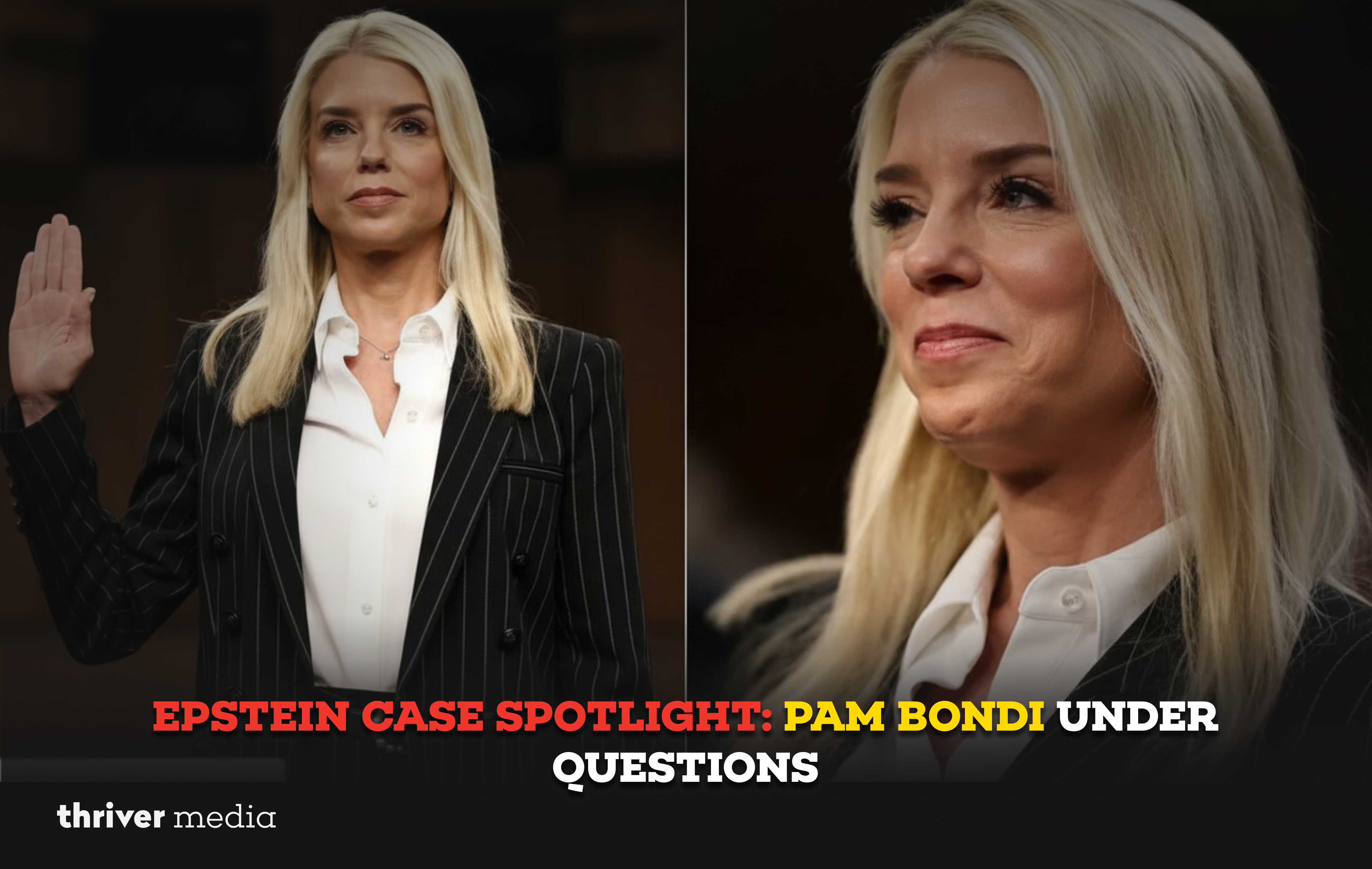 Pam Bondi speaking at a public event, amid renewed attention surrounding questions linked to the Epstein case.