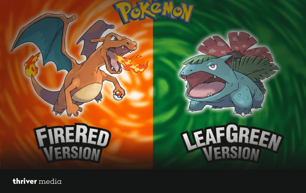 Pokémon FireRed and LeafGreen cover artwork featuring Charizard breathing fire on the red side and Venusaur on the green side.