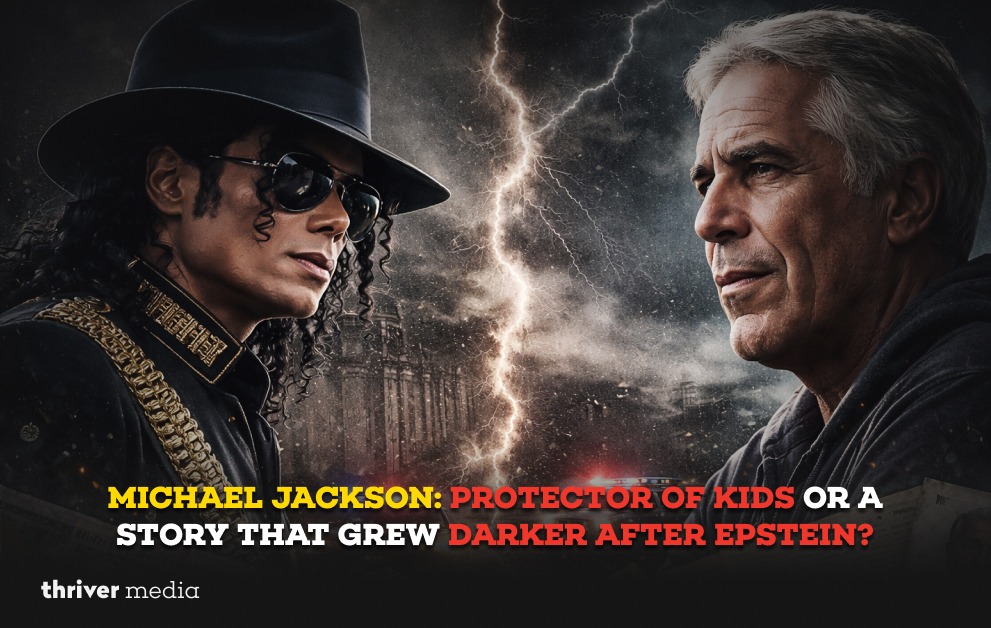 Dramatic split-image artwork showing Michael Jackson facing Jeffrey Epstein with lightning dividing the scene and police lights in the background.