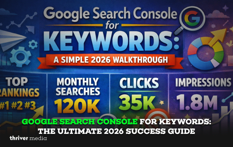 Google Search Console for Keywords dashboard showing rankings, clicks, impressions, and SEO performance data in 2026