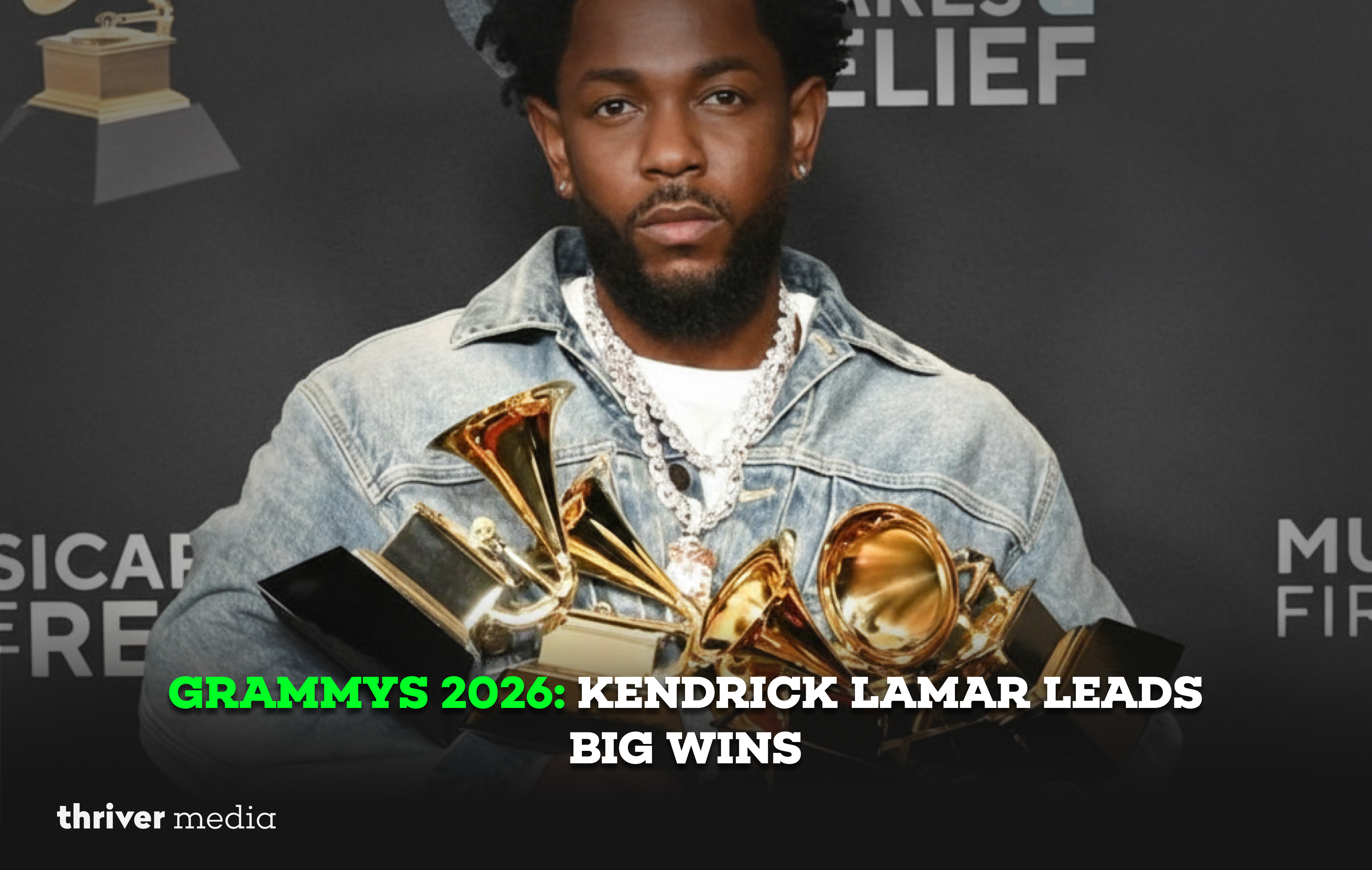 Kendrick Lamar celebrating on stage after winning at the Grammys 2026.