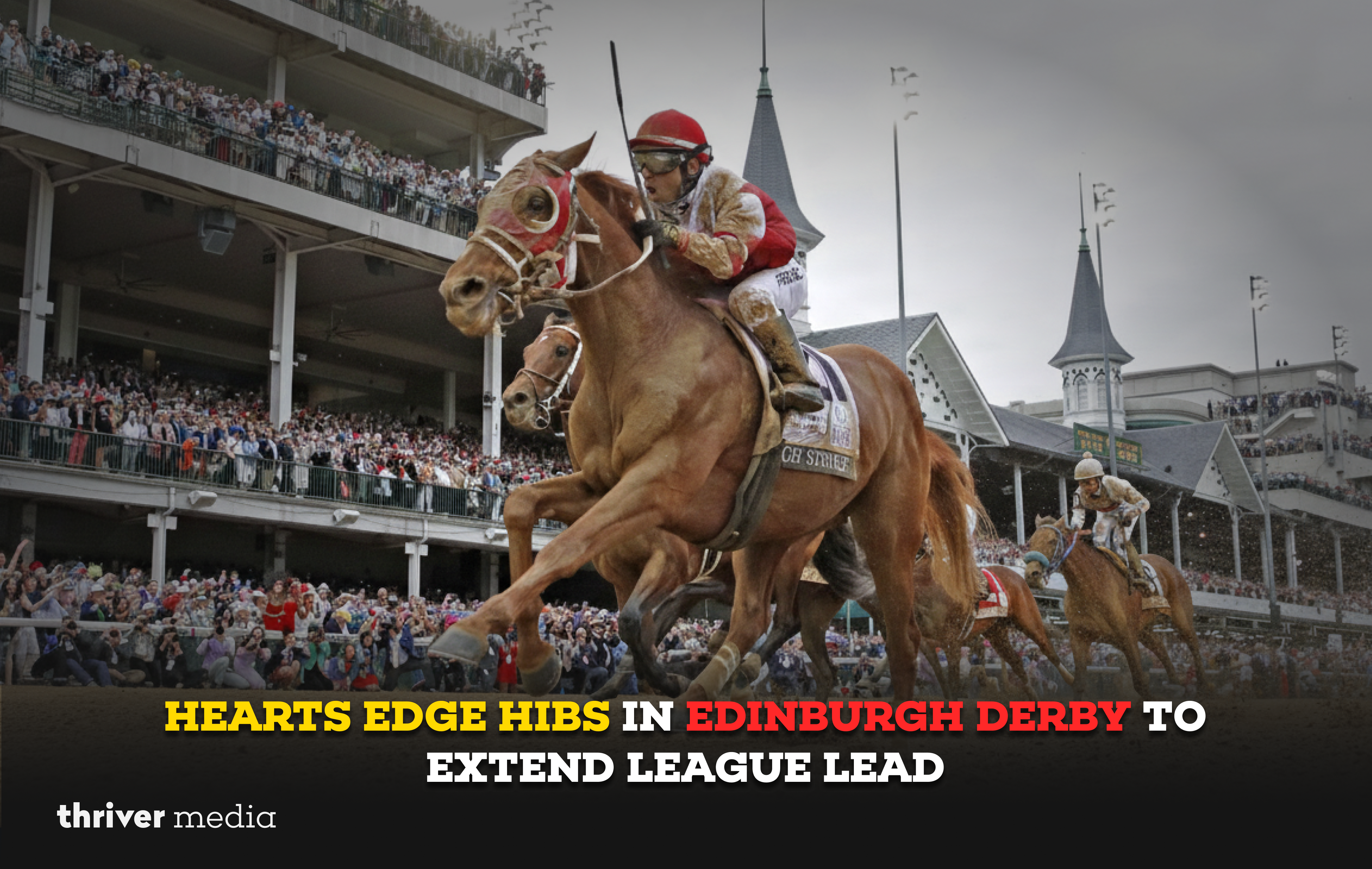 Current image: Hearts players celebrate a late winning goal against Hibernian during a tense Edinburgh derby at Tynecastle Park.