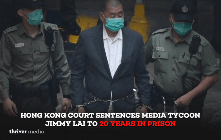 Hong Kong court building exterior with legal flags; media tycoon Jimmy Lai sentenced to 20 years in prison under the National Security Law.