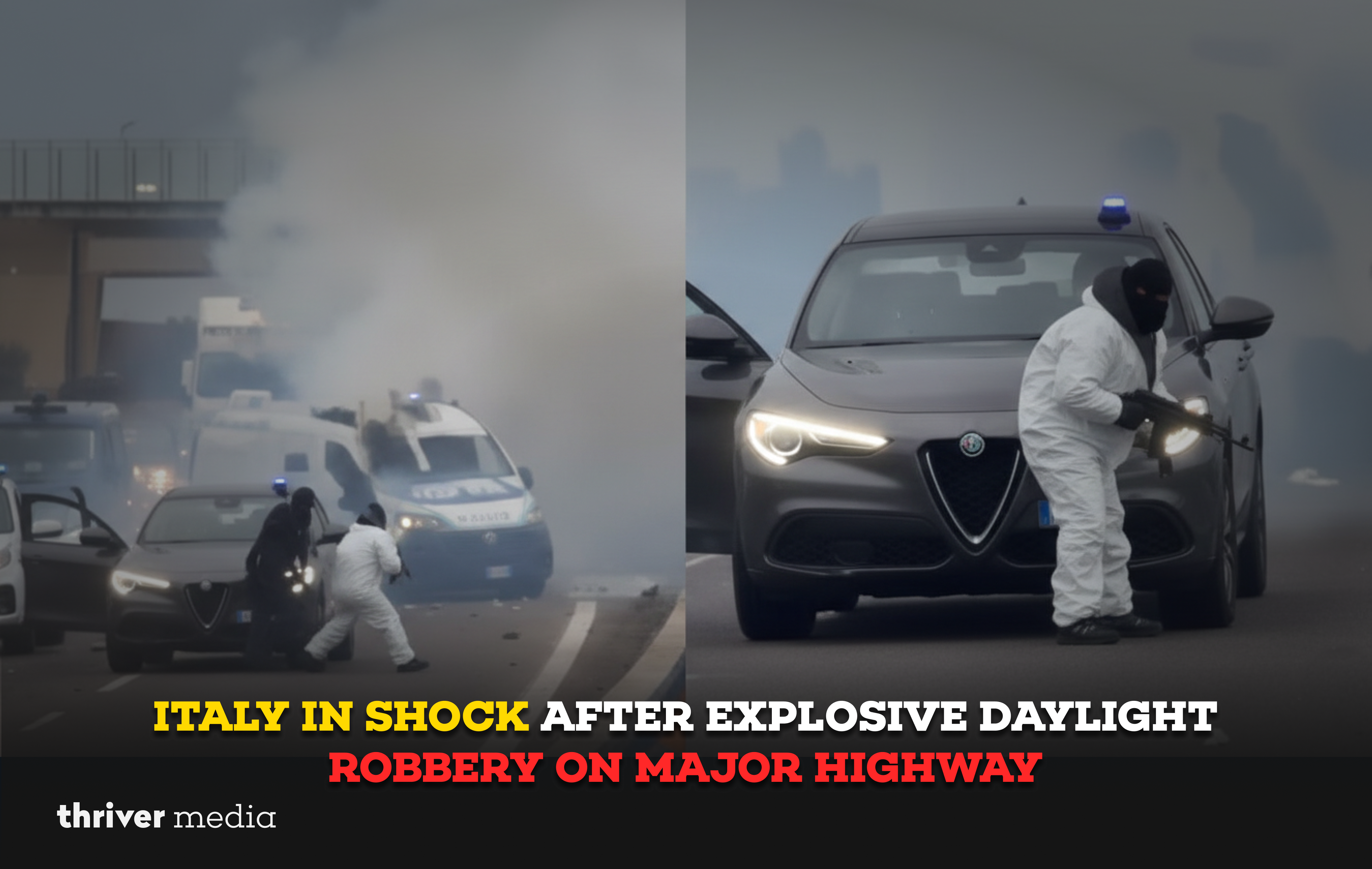 Armed attackers block a major Italian highway during a daylight ambush on an armored cash van as police respond amid smoke and chaos.